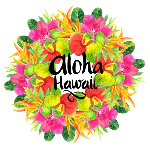 Ghirlanda hawaiana con realistici fiori ad acquerello. Aloha Hawaii. Illustrazione floreale con fiori tropicali e piante su sfondo bianco. Composizione con foglie di palma, anthurium e strelitzia . — Foto Stock