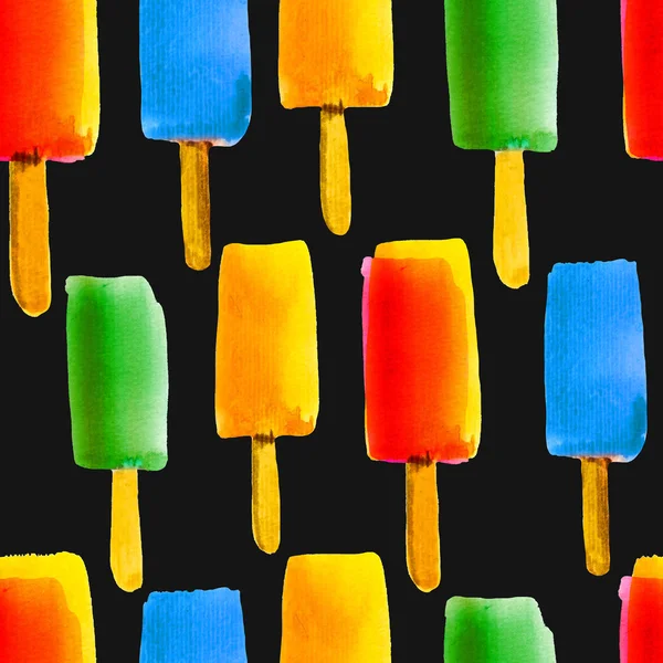 Seamless watercolor pattern with ice cream on stick. — Stock Photo, Image