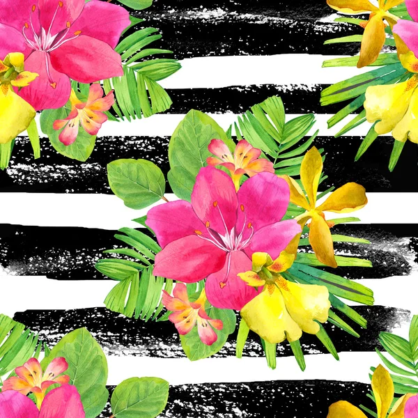 Бесшовный фон с акварелью тропических цветов . — стоковое фото