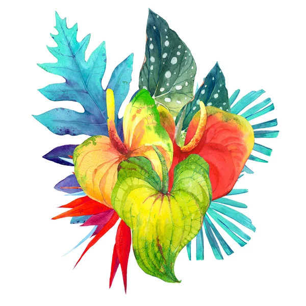 Watercolor illustration with watercolor tropical flowers. — Stock Photo, Image