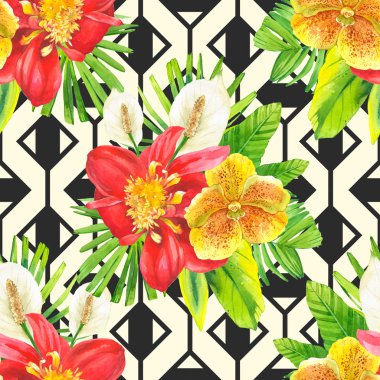 Suluboya tropik çiçekler ile sorunsuz arka plan.