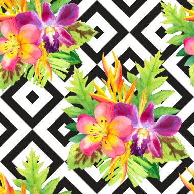 Suluboya tropik çiçekler ile sorunsuz arka plan.