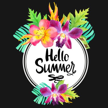 Resimde suluboya tropikal çiçeklerle. Yaz cennet.