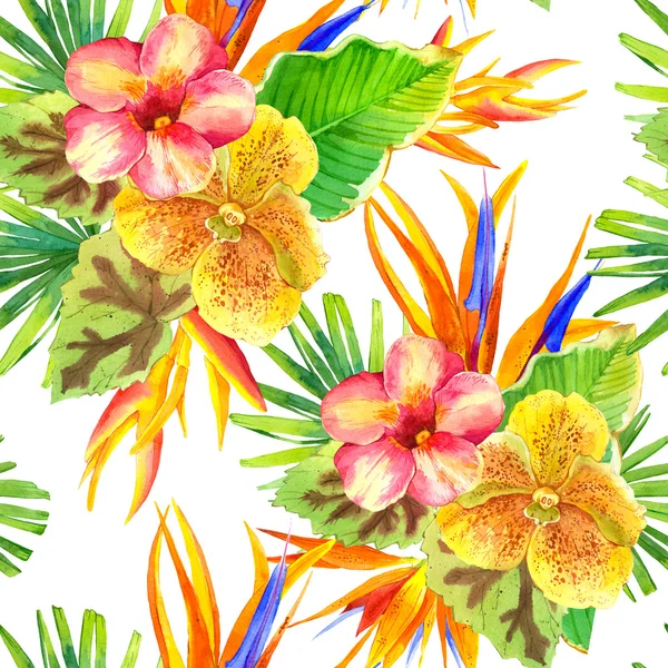 Nahtloser Hintergrund mit Aquarell tropischen Blumen. — Stockfoto