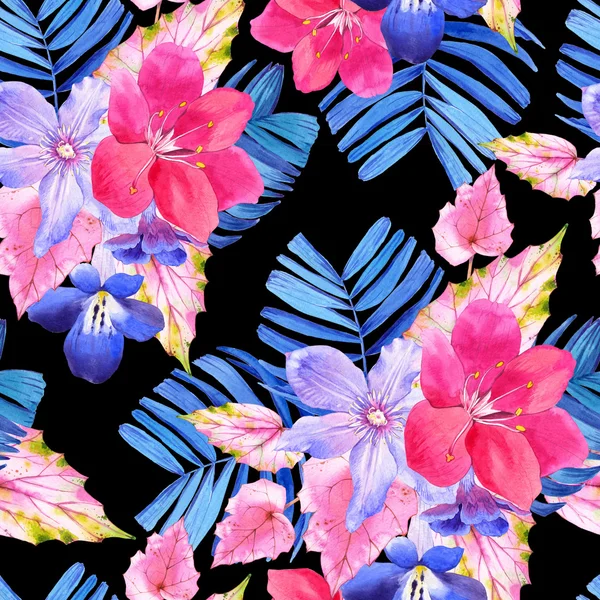 Motif sans couture avec des fleurs aquarelle réalistes roses et bleues . — Photo