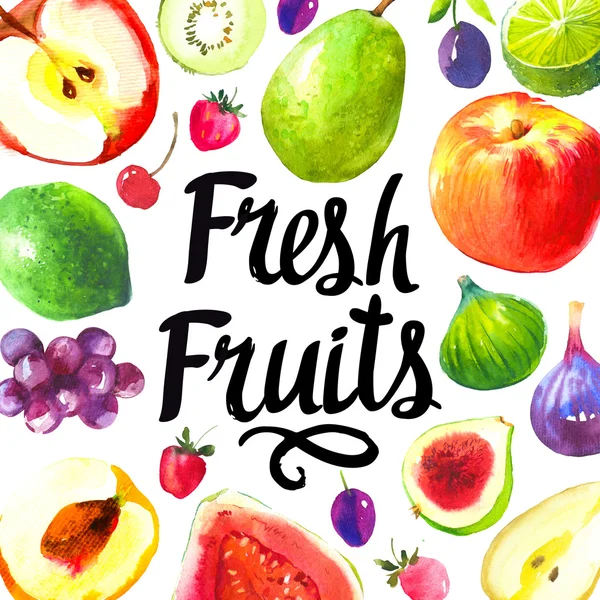 Ilustração com comida aquarela. Conjunto de esboços de frutas frescas . — Fotografia de Stock