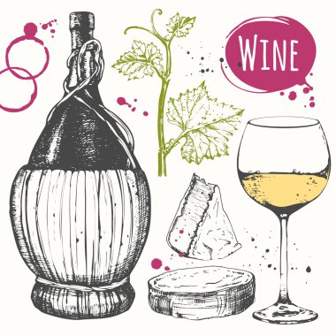 Şarap ayarlayın. Kroki tarzı şarap yapımı ürünler.