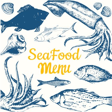 Hand-drawn sketch seafood: fish, lobster, clams, squid.