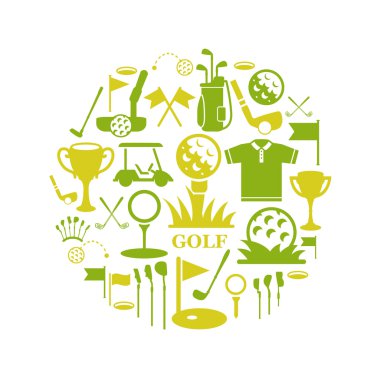 Golf simgeleri kümesi. Spor nesneleri ve ekipmanları.