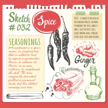 Baharat taslakları ile Gıda sketchbook. Not defteri sayfası.