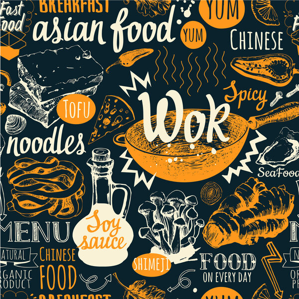 Seamless background with wok food symbols. Menu pattern.