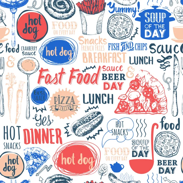 Fond sans couture avec des symboles fastfood. Modèle de menu . — Image vectorielle