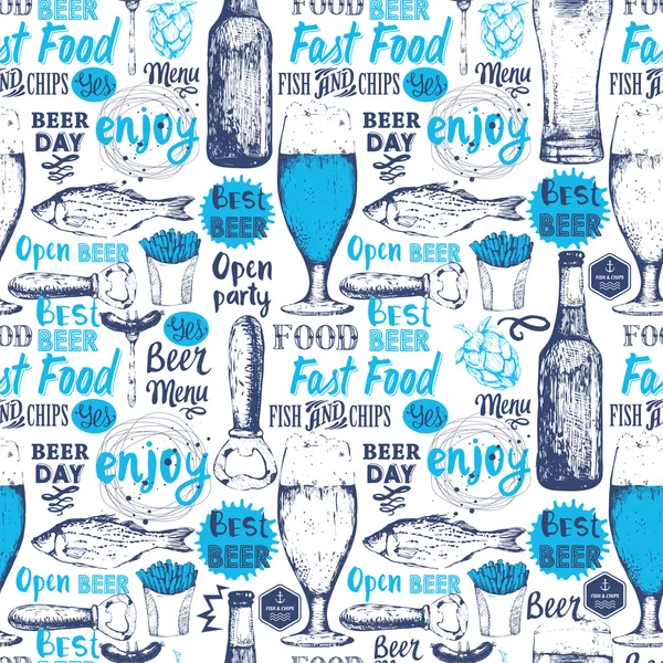 Seamless pattern with beer, snack in sketch style.