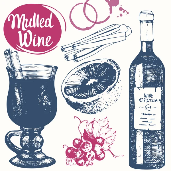 Ensemble de vin chaud dans le style croquis. Boisson d'hiver classique . — Image vectorielle