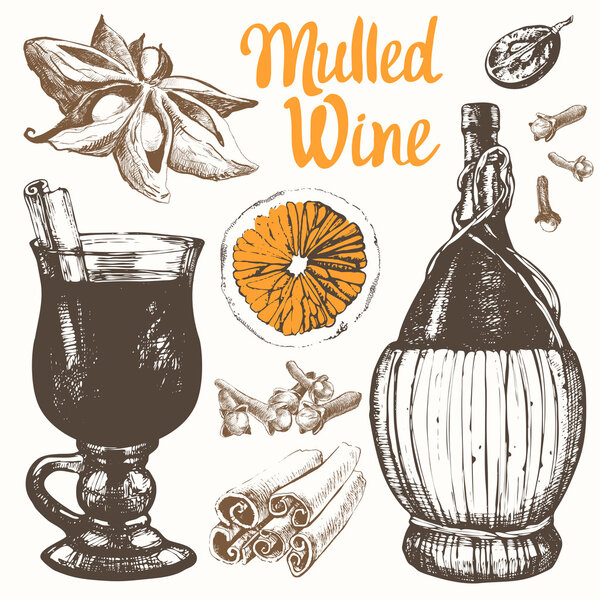 Mulled wine set in sketch style. Classical winter drink.