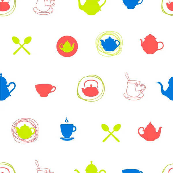 Fondo sin costuras con tazas y teteras. Decoración multicolor . — Vector de stock