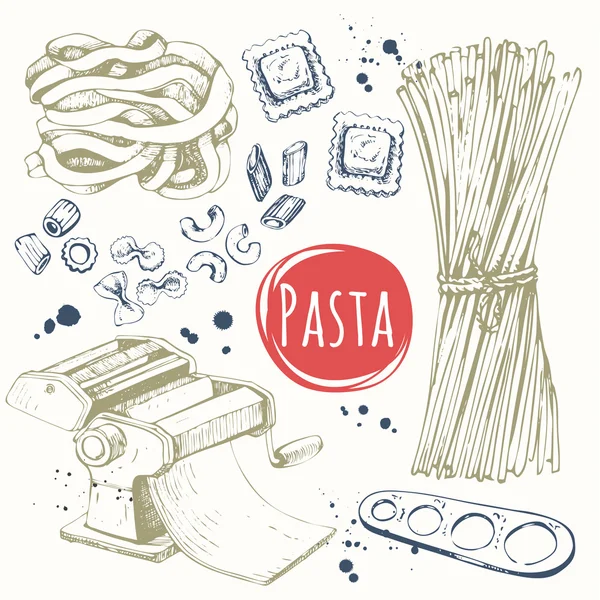 Vektor ilustrasi dengan pasta mesin, ravioli. Desain Sketch . - Stok Vektor