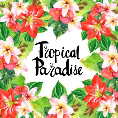 Gerçekçi suluboya çiçekleri ile Hawaii çelenk. Tropikal cennet.