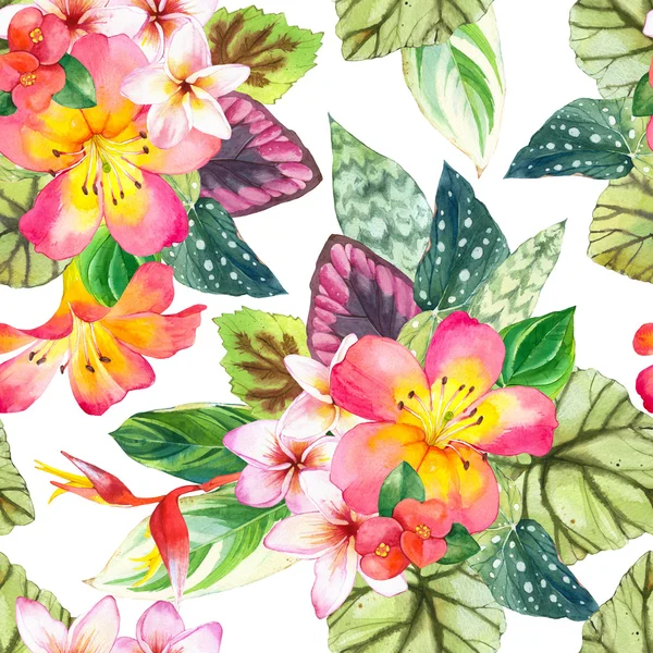 Seamless background with watercolor tropical flowers. — Stock Photo, Image