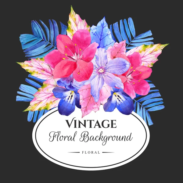 Bukett med rosa och blå realistiska akvarell blommor. — Stockfoto
