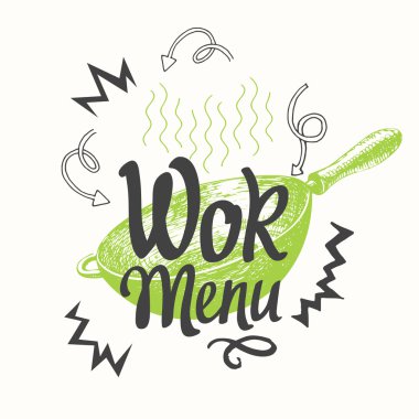 Wok tava ile vektör gıda illüstrasyon. Çizim stili.