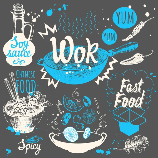 Vektor mat illustration med wok produkter. — Stock vektor