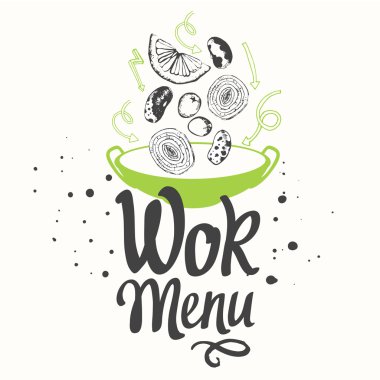 Vektör yiyecek çizim wok tava ile. Asya menü.