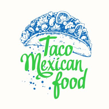 Robot resim tarzı Meksika yemeği. Taco. Yazı tasarım.