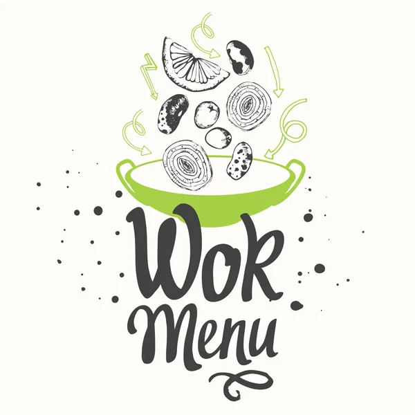 Ilustración de alimentos vectoriales con wok pan. Menú asiático . — Archivo Imágenes Vectoriales