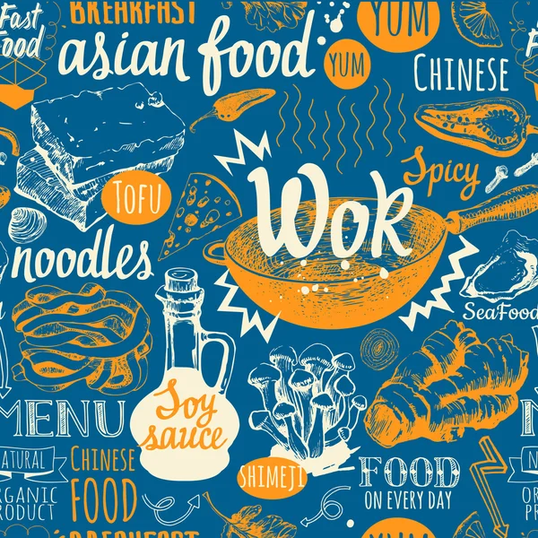 Naadloze achtergrond met wok voedsel symbolen. Menu patroon. — Stockvector