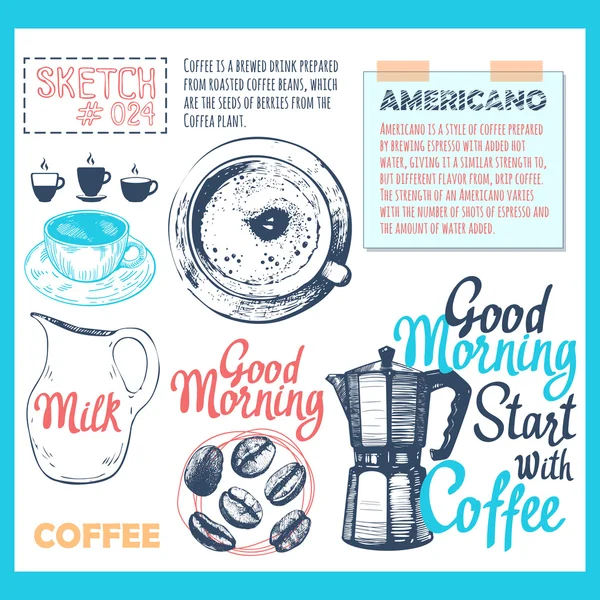 Voedsel schetsboek met koffie in sketh stijl. — Stockvector