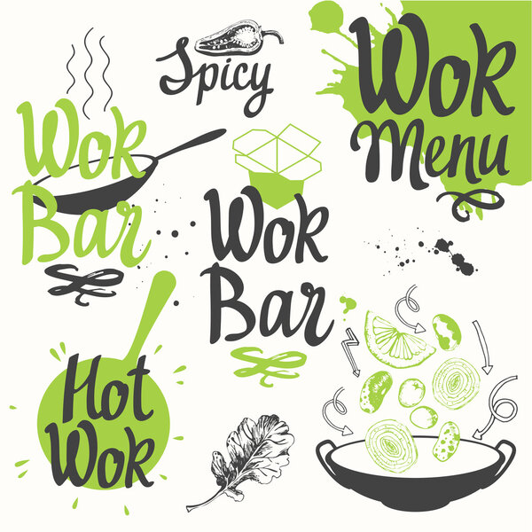 Vector food illustration with wok products.