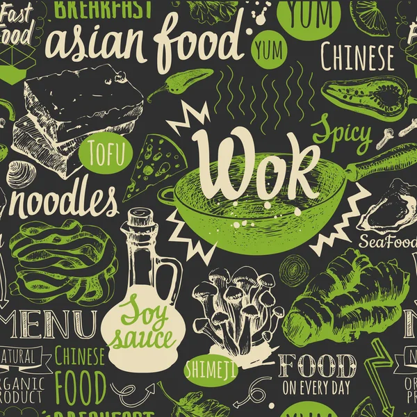 Fondo sin costuras con símbolos de comida wok. Patrón de menú . — Vector de stock