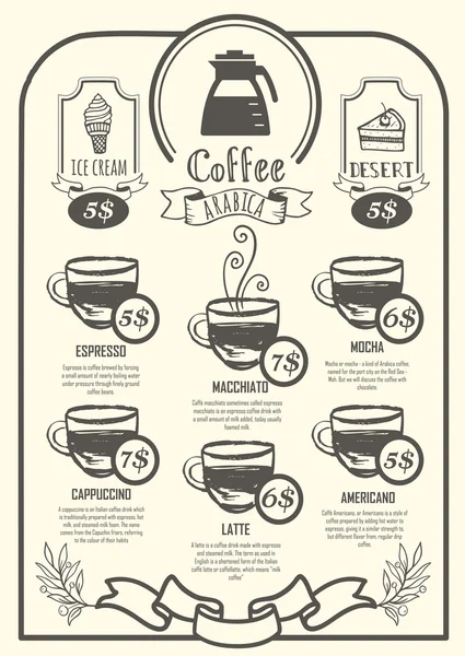 Menu da cafetaria. Cartaz de café em um fundo branco . — Vetor de Stock