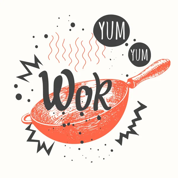 Ilustração de comida vetorial com panela wok. Menu asiático . — Vetor de Stock