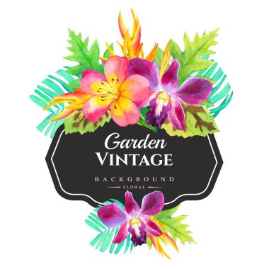 Tropikal çiçeklerle suluboya resim. 