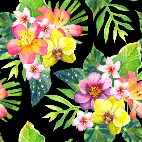Bezszwowe tło z tropikalnymi kwiatami. — Zdjęcie stockowe
