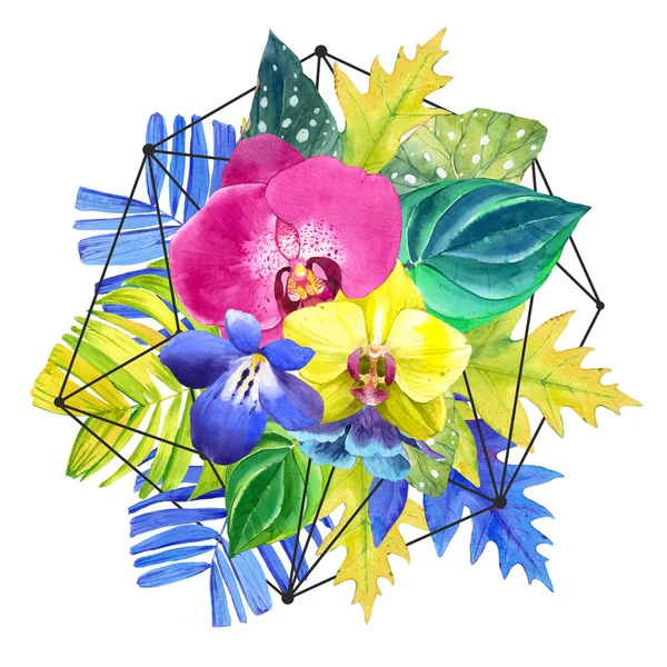 Ilustração aquarela com flores tropicais . — Fotografia de Stock