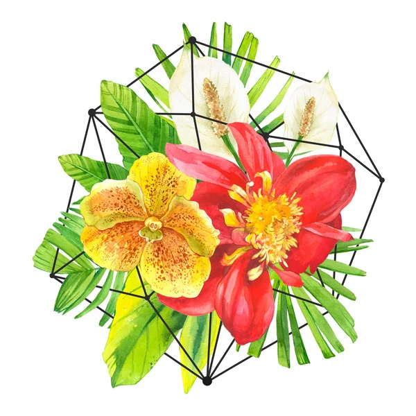 Ilustração aquarela com flores tropicais . — Fotografia de Stock