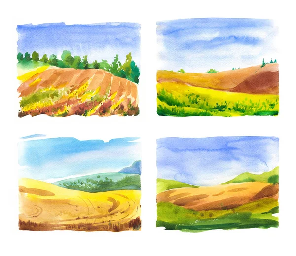 Set von Aquarellbildern mit Landschaftsfeldern. Natur im Hintergrund. Biobauern. Öko-Anbau. Landwirtschaft. — Stockfoto