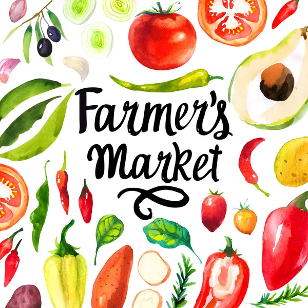 Illustratie met aquarel voedsel. Boerenmarkt. Set van verschillende groenten: tomaat, peper, erwten, ui, zoete aardappel, aardappel, rozemarijn, avocado, olijven, knoflook. Vers biologisch voedsel. — Stockfoto