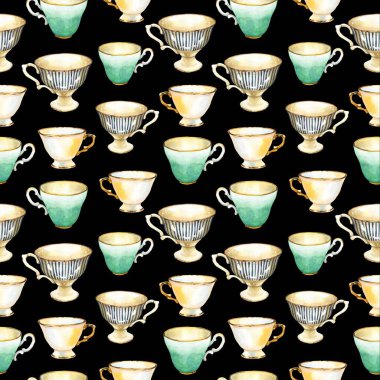 Kusursuz bir geçmişi var. Siyaha çay partisi deseni. Tuhaf fincanların suluboya çizimi. Dekoratif unsurlar ve geleneksel sıcak içecekler paketleme tasarımınız için. Çoklu renk dekoru.