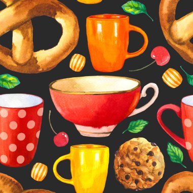 Kusursuz bir geçmişi var. Siyaha çay partisi deseni. Tuhaf fincanların suluboya çizimi. Dekoratif unsurlar ve geleneksel sıcak içecekler paketleme tasarımınız için. Çoklu renk dekoru.