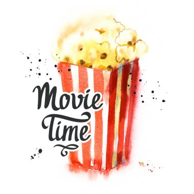 Patlamış mısır kovasıyla suluboya çizimi. Çizim tasarımı. Sinema atıştırmalığı. El yapımı fast food. Film Zamanı posteri. Retro film festivali.
