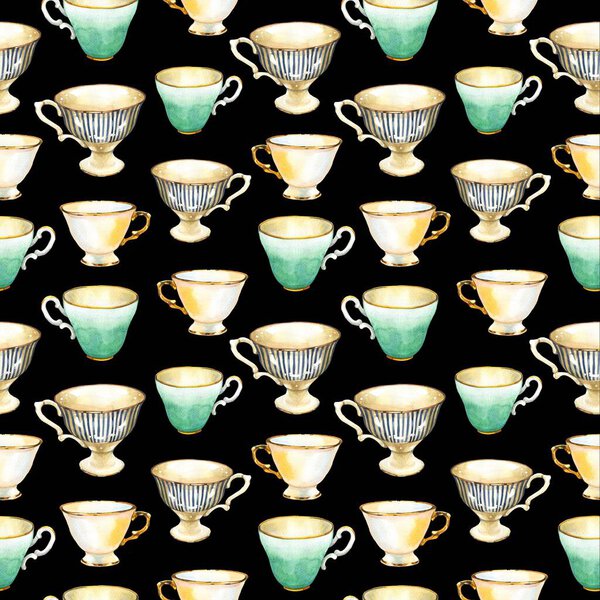 Seamless background. Tea party pattern on black. Watercolor illustration of funny cups. Decorative elements with traditional hot drinks for your packing design. Multicolor decor.