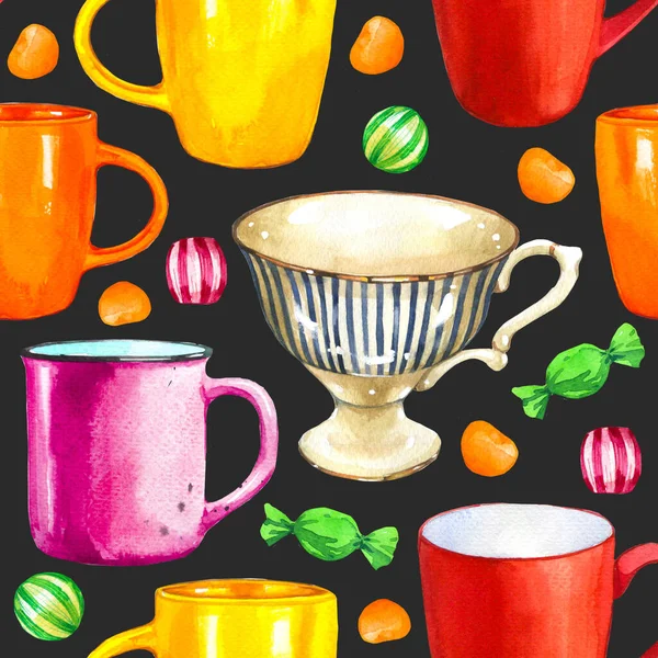 シームレスな背景。紅茶パーティーの模様が黒。面白いカップの水彩イラスト。あなたの梱包デザインのための伝統的なホットドリンクと装飾的な要素。多色の装飾. — ストック写真