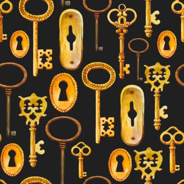 El yapımı antika bakır, altın ve demir anahtarlardan oluşan suluboya set. Siyah arkaplanda resim tarzında bir ilüzyon. Eski nesneler tasarımı.