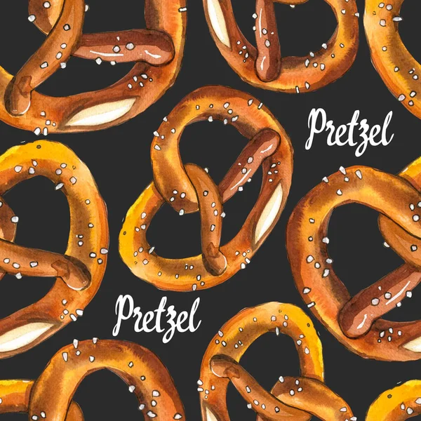 Seamless background with pretzel in watercolor style. Fresh organic products. Illustration hand-drawn pattern on black. Oktoberfest food. Traditional beer snack. Pub menu. — Stock Photo, Image
