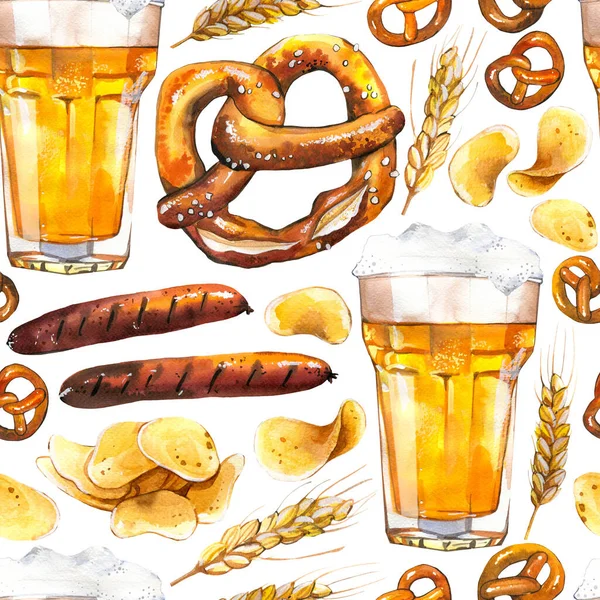 Zökkenőmentes háttér sör és snack akvarell stílusban. Illusztráció kézzel rajzolt minta fehér. Hagyományos oktoberfest étel. Söröző menü. — Stock Fotó