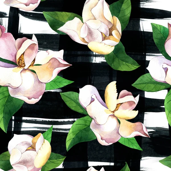 White flowers hand drawn seamless pattern. Gardenias n grunge black ink smudges background. Magnolias, roses with green leaves watercolor texture. Botanic wrapping paper, floral wallpaper design